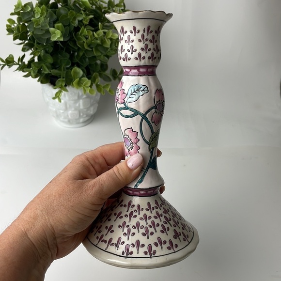 Porcelain Pink Blue Green Floral Candles Stick Holder - Picture 5 of 9